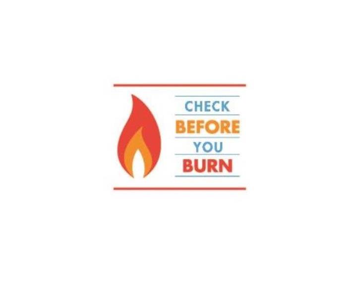 a red and orange flame to the left of the words Check Before You Burn, font in teal orange and red.