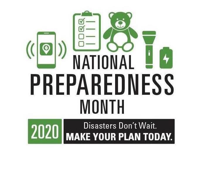 Logo-at the top a green cell phone, check list, bear flashlight,  & battery, In black National Preparedness Month