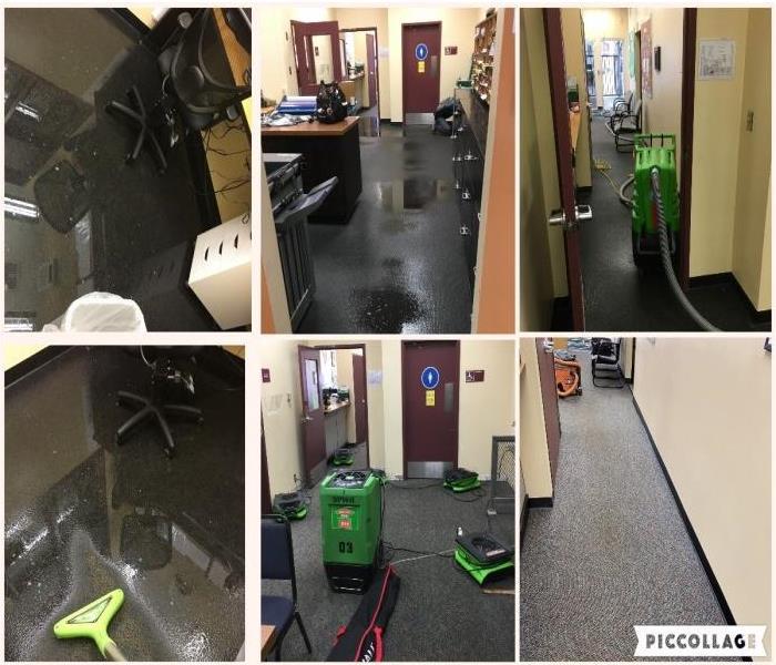 6 pictures 3 showing water soaked gray carpeting, 2 photos showing equipment drying, 1 picture with dry carpet.