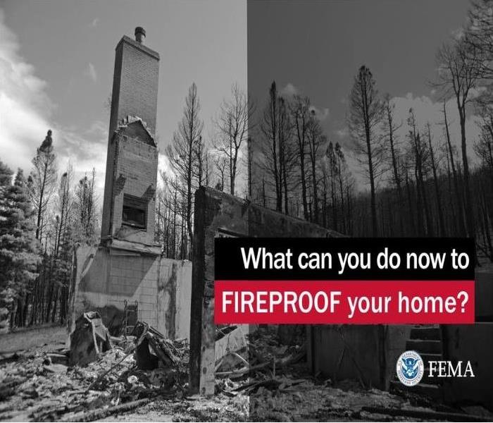 black and white image of a structure burned down, with the words, "What can you do now to Fireproof your home?"