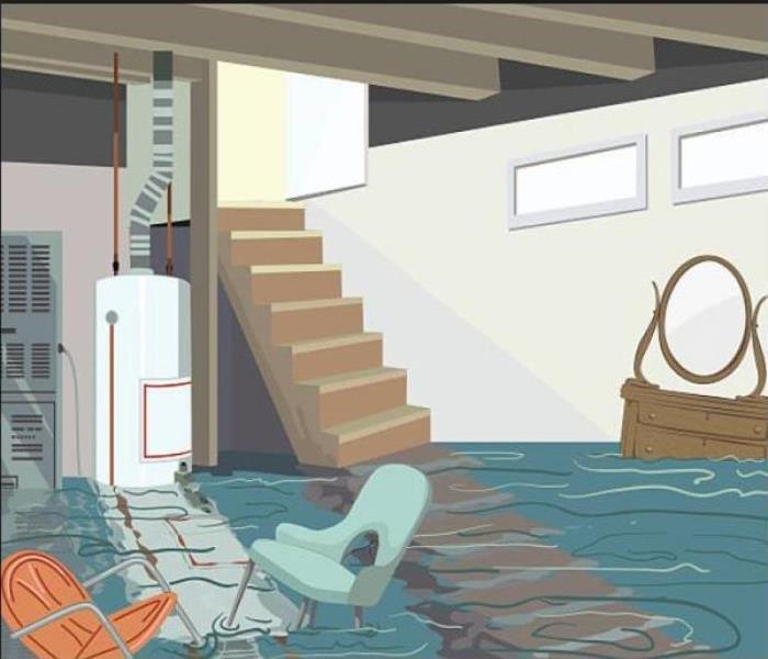 Animated picture of basement, flooded with blue water and chairs and brown dresser floating
