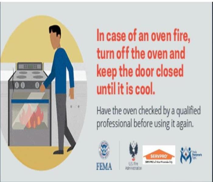 animated stove with red and orange flames inside, animated man wearing blue shirt tan pants turning off oven