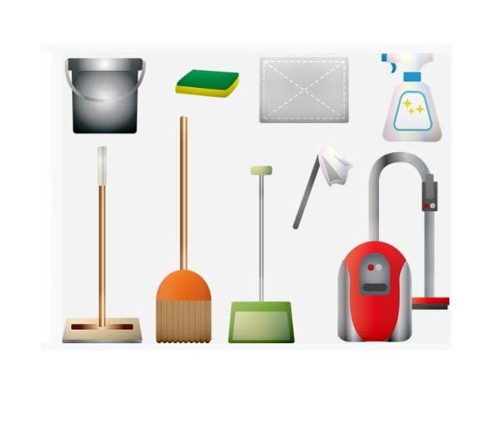 white background with red vacuum, gray bucket, green/yellow sponge, spray bottle, brown sweeper,  brown broom, green dust pa 