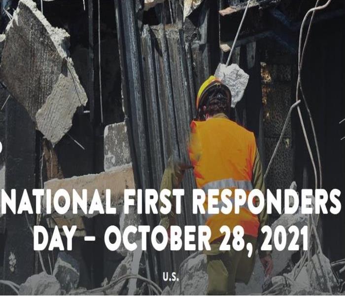 fire fighter in rubble with lettering announcing first responder day