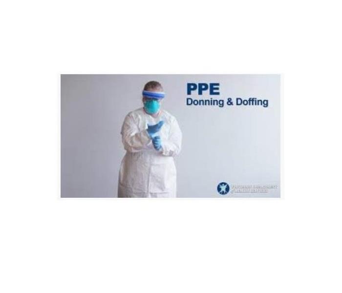 Gray background a person wearing white personal protective equipment, with blue gloves & blue facemask with words in blue PPE