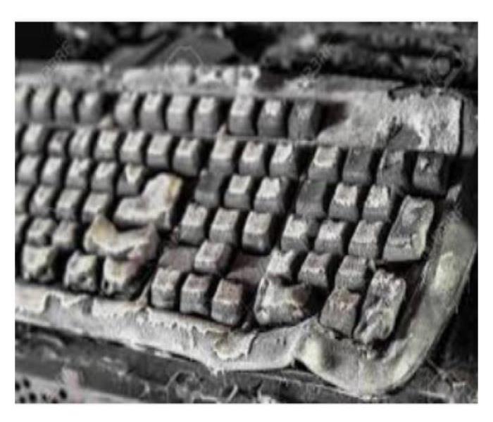 office keyboard in black and white with soot 