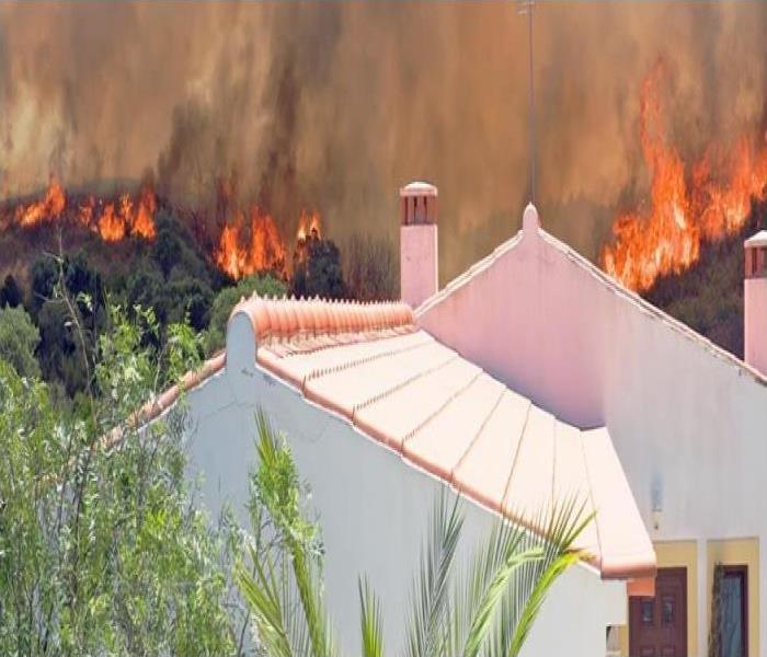 A home in the forefront surrounded by trees and brush, with trees on fire in the background