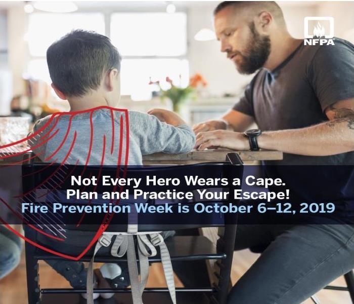 A father and son sit at the kitchen table going over a plan with the words, "Not Every Hero Wears a Cape. Plan Your Escape!" 